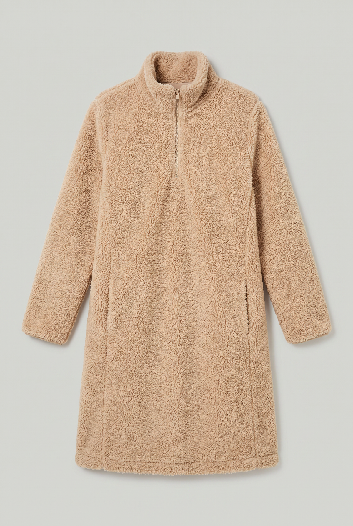 Women's Long Teddy Fleece Coat - Zip Up Stand Collar Winter Jacket