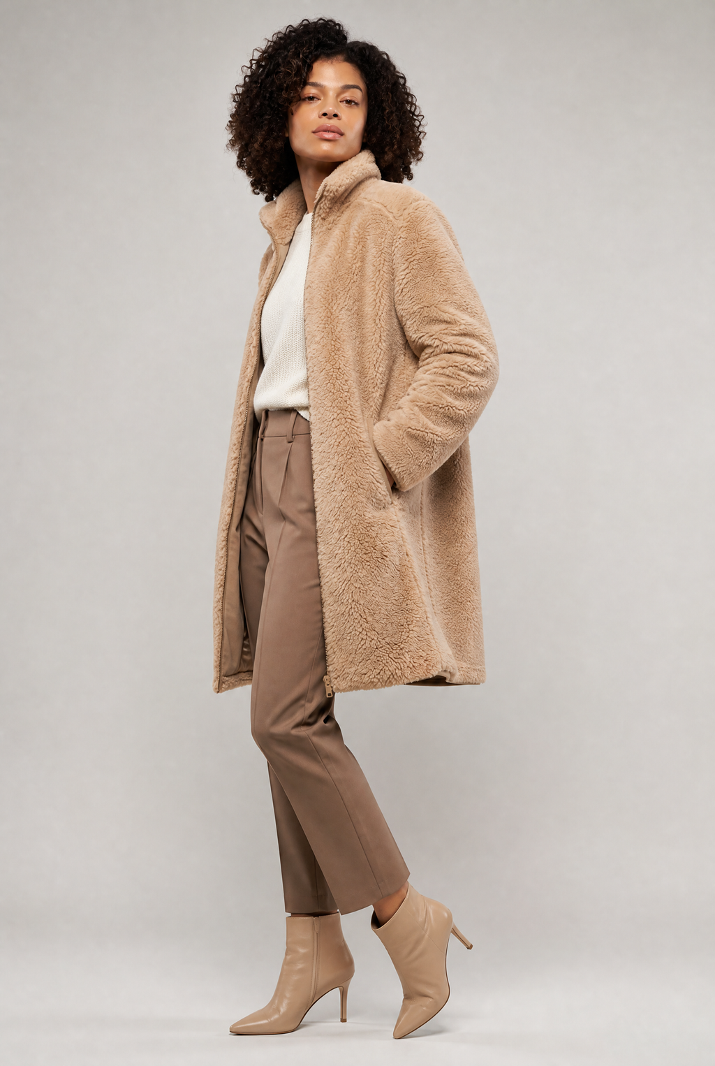 Women's Long Teddy Fleece Coat - Zip Up Stand Collar Winter Jacket