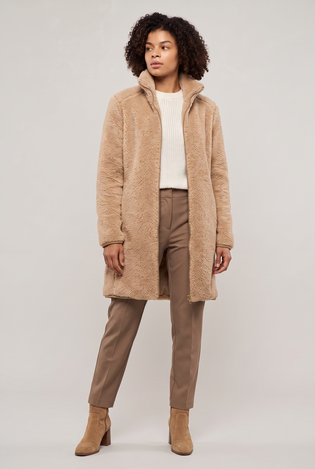 Women's Long Teddy Fleece Coat - Zip Up Stand Collar Winter Jacket