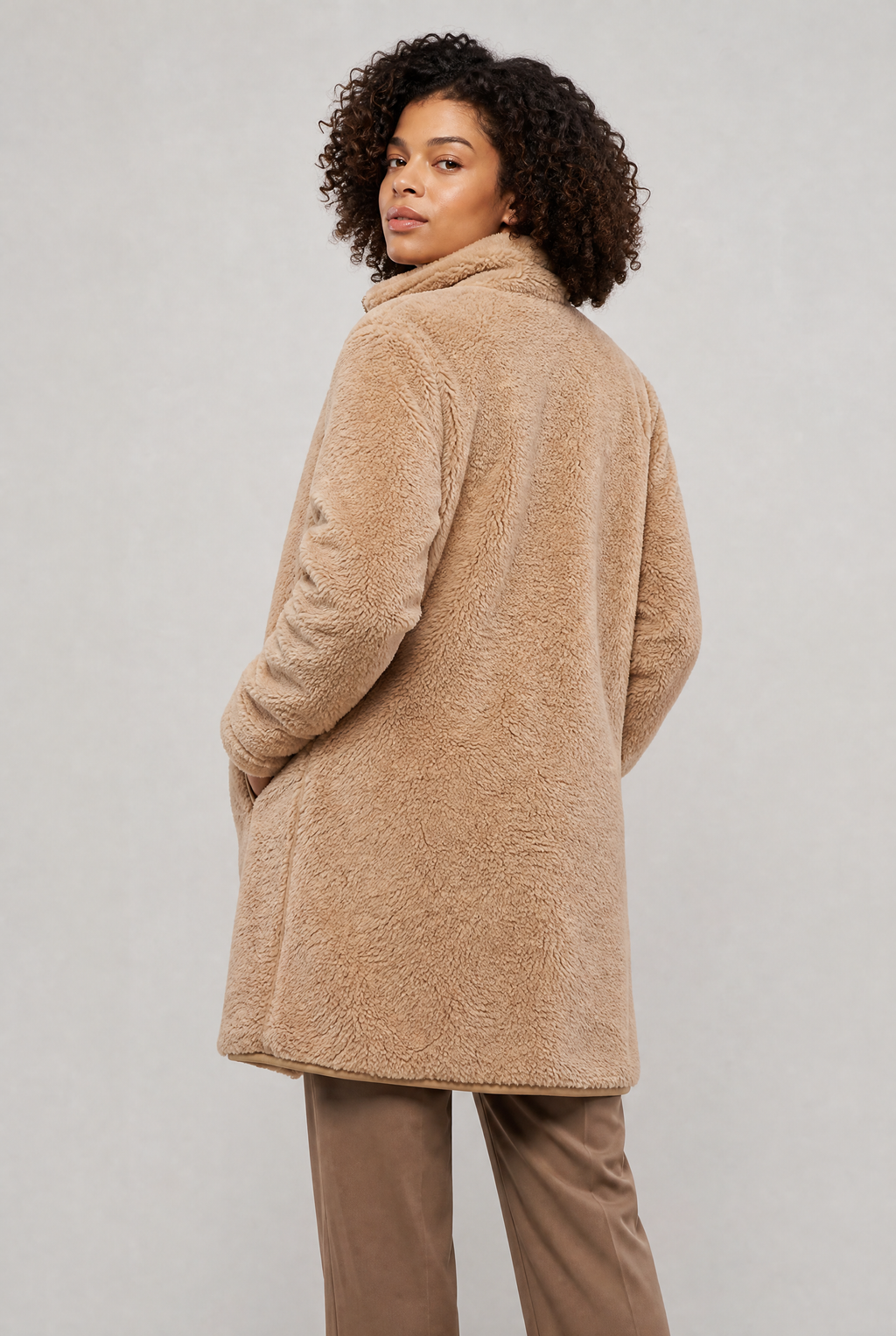 Women's Long Teddy Fleece Coat - Zip Up Stand Collar Winter Jacket