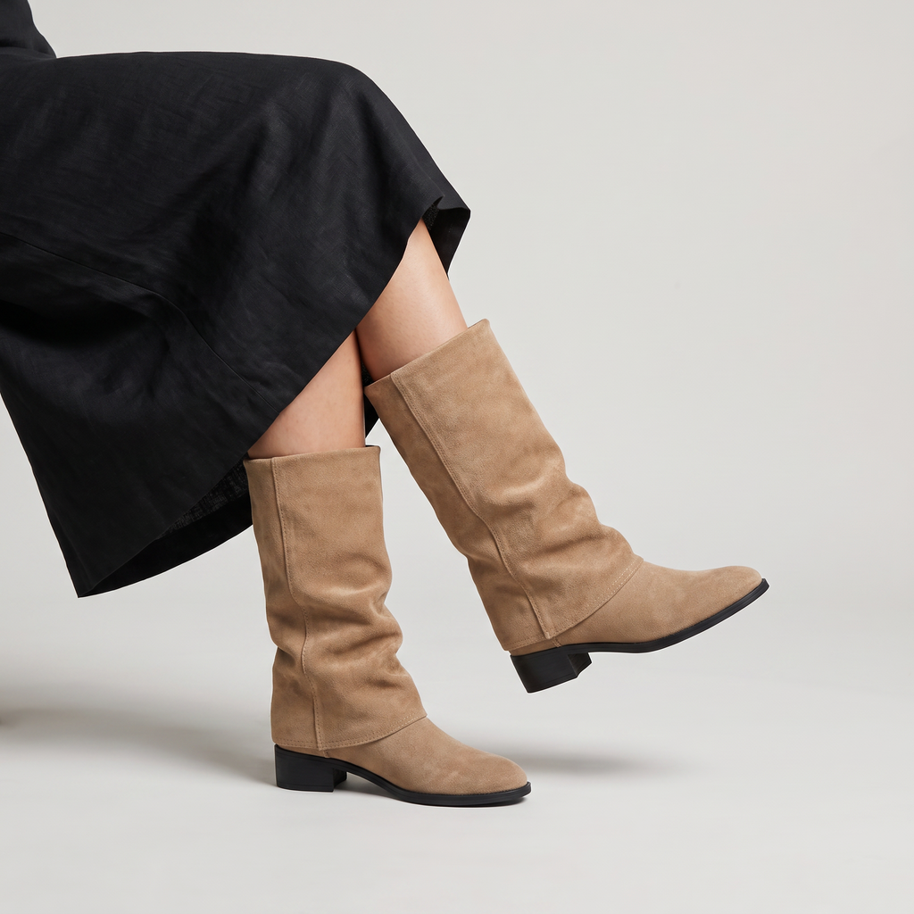 Women's Knee High Boots - Fold Over Suede Look Flat