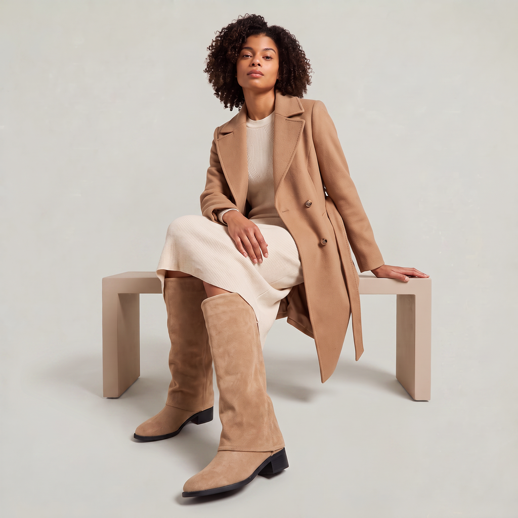 Women's Knee High Boots - Fold Over Suede Look Flat