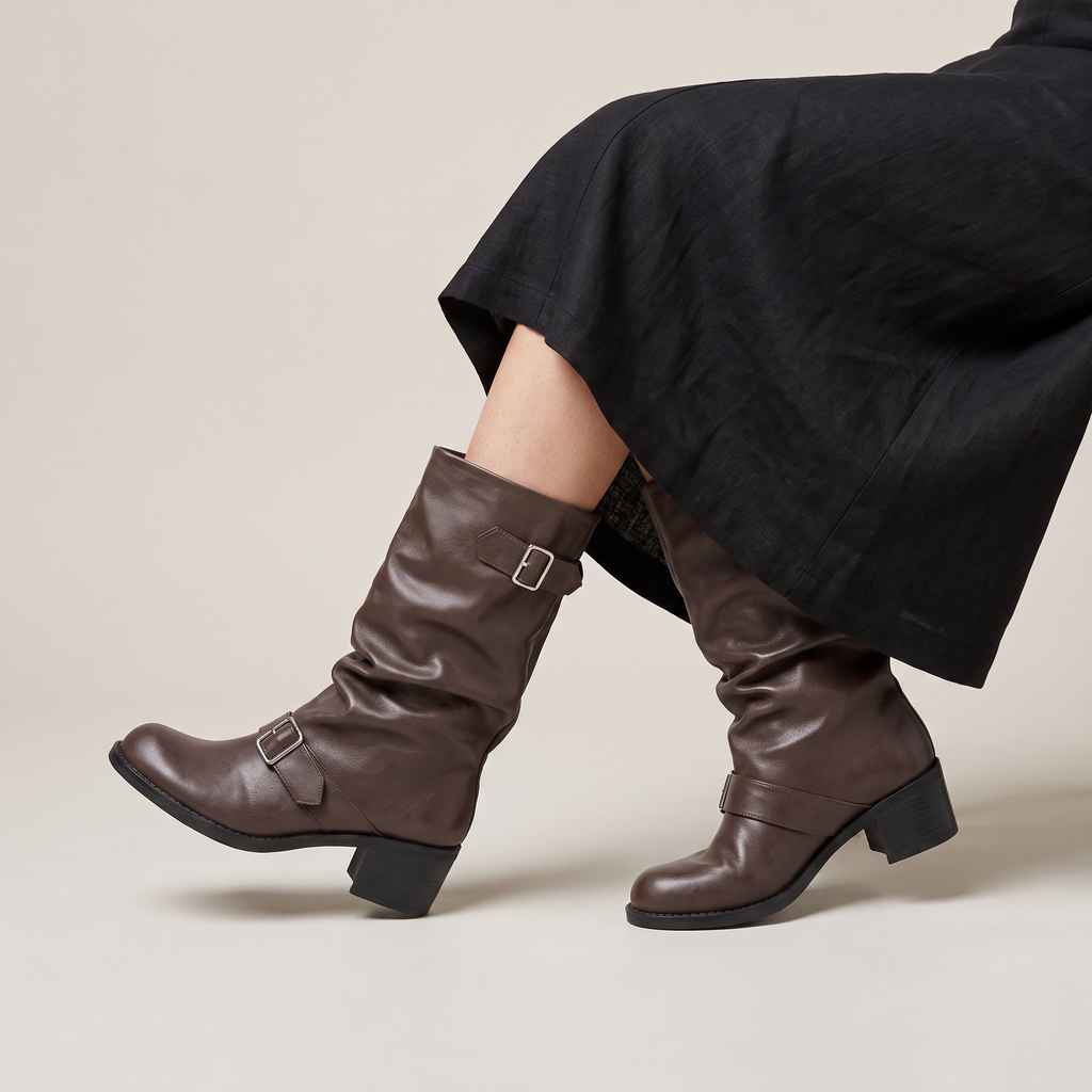 Bottes hautes à talon bottier avec boucle pour femme