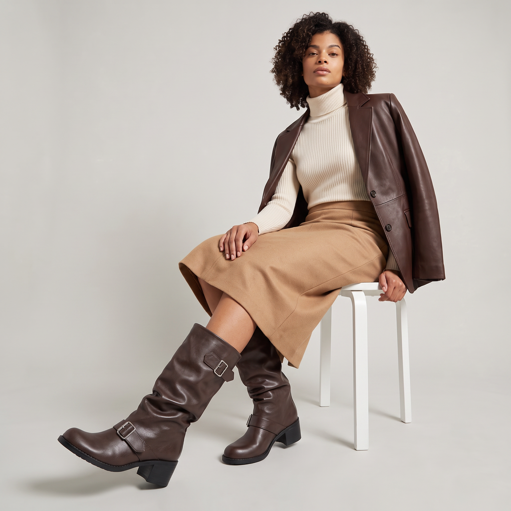 Bottes hautes à talon bottier avec boucle pour femme
