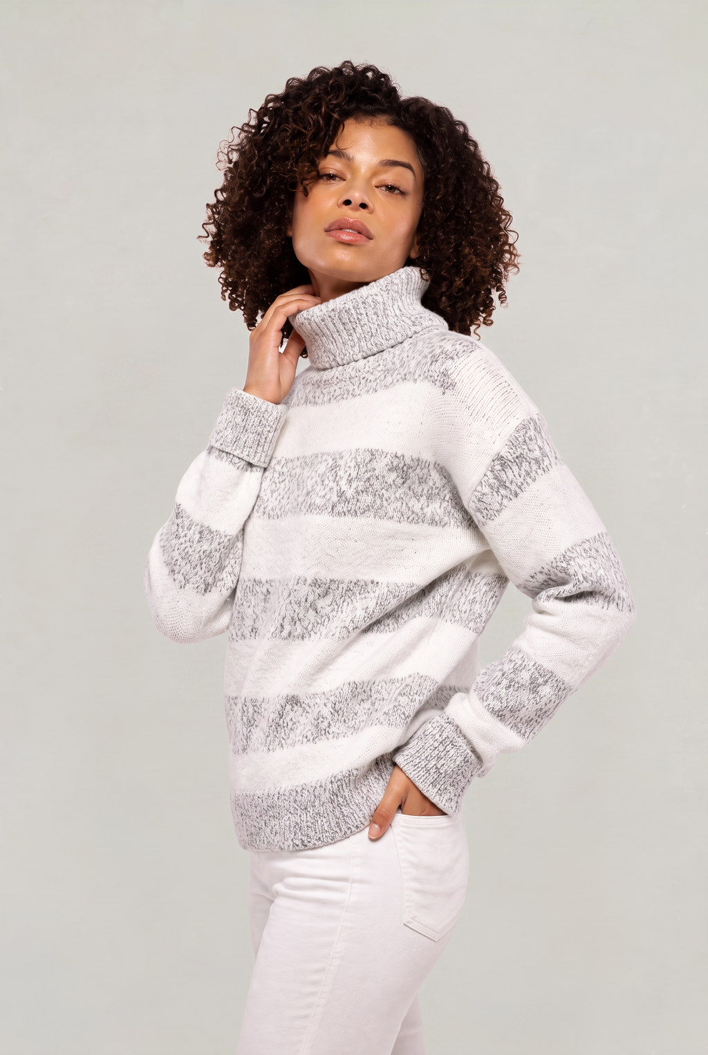 Chandail à col roulé rayé pour femme - Pull en tricot ample