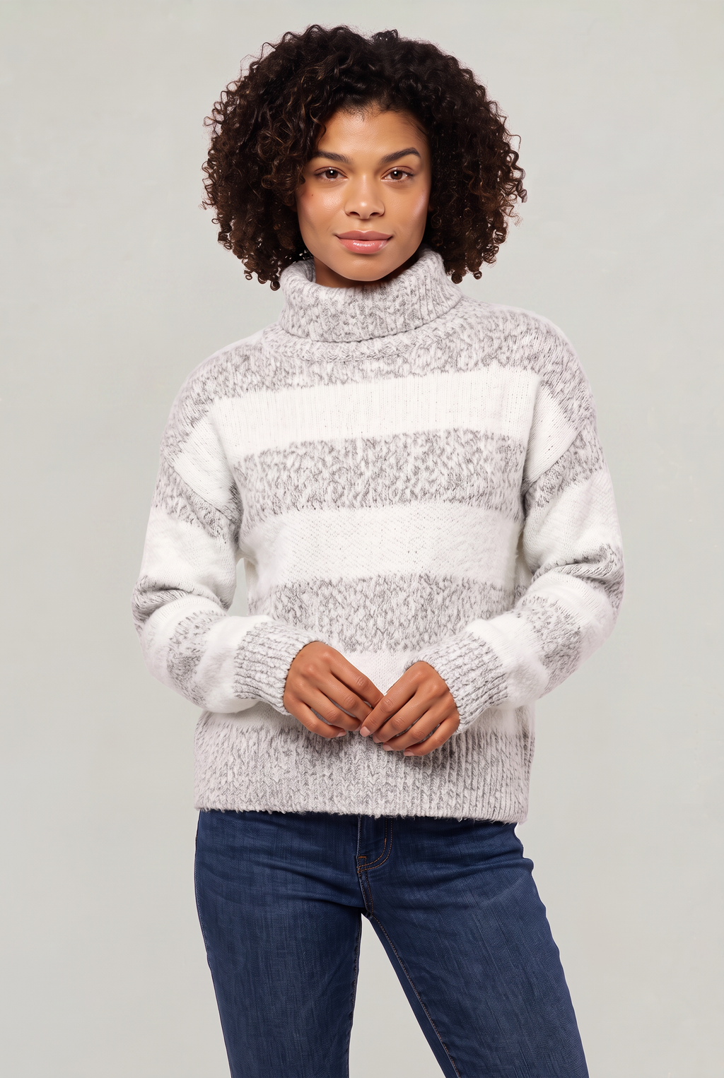 Chandail à col roulé rayé pour femme - Pull en tricot ample