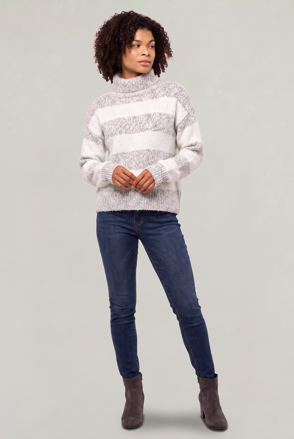 Chandail à col roulé rayé pour femme - Pull en tricot ample