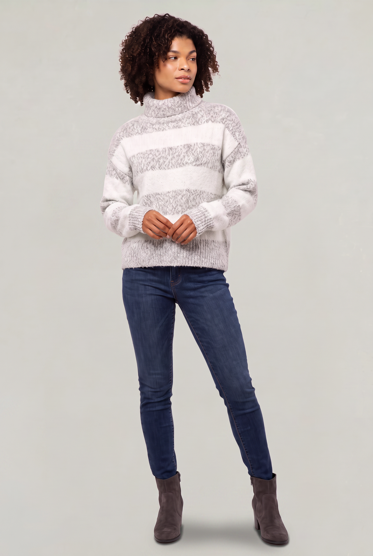 Chandail à col roulé rayé pour femme - Pull en tricot ample