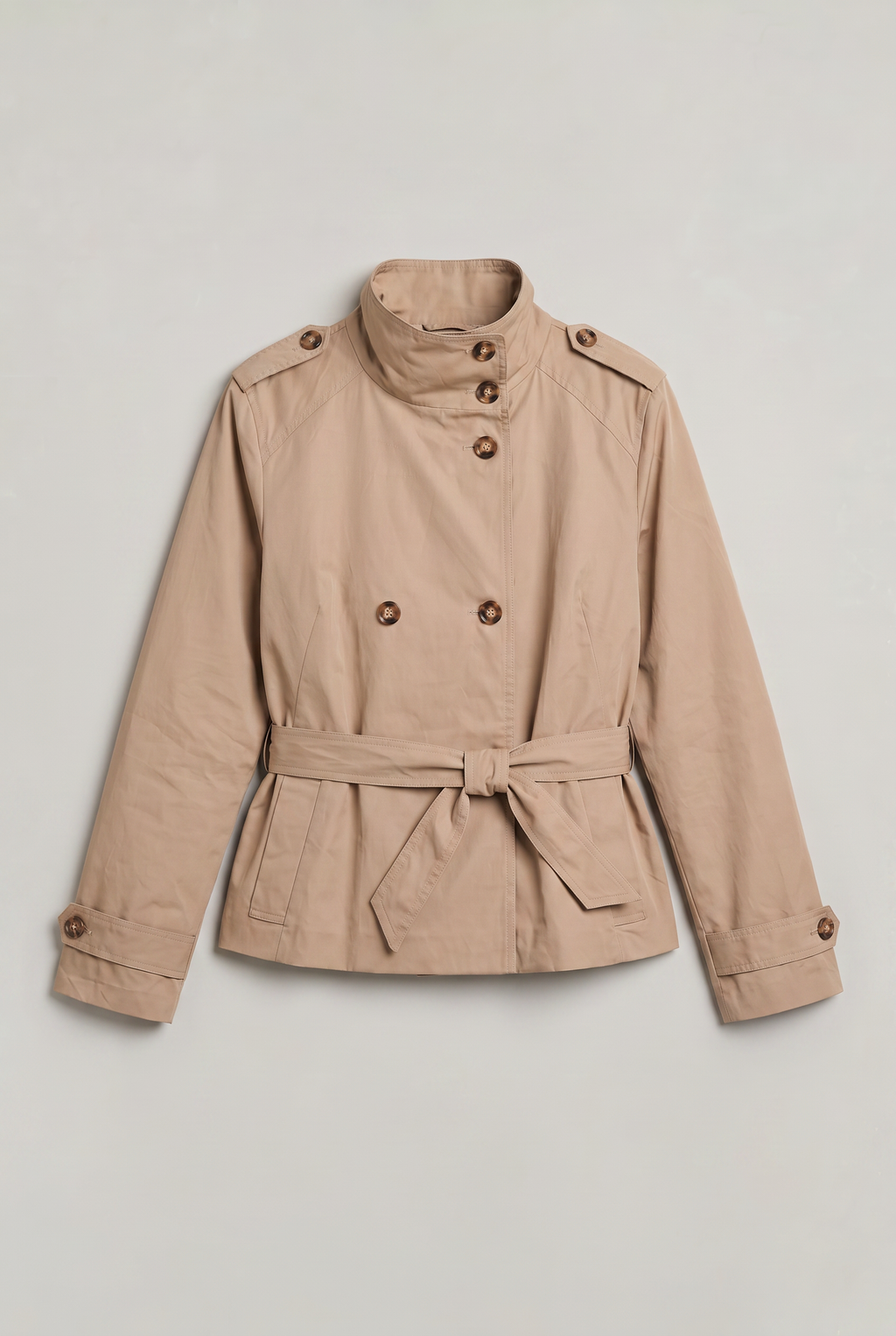 Women's Buttoned Cropped Trench Coat - Double Breasted Belted Stand Collar Jacket Smart Casual