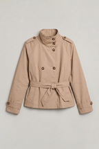 Women's Buttoned Cropped Trench Coat - Double Breasted Belted Stand Collar Jacket Smart Casual