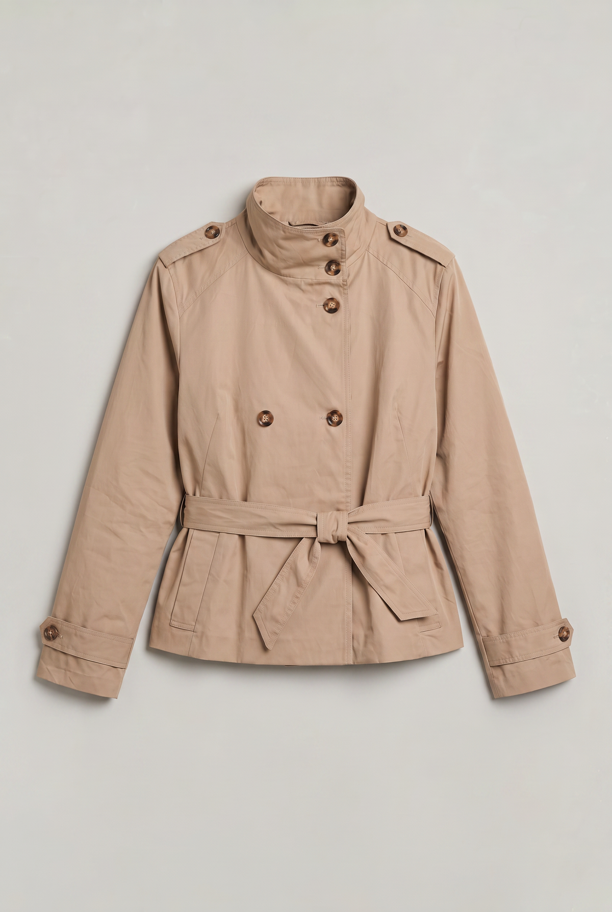Women's Buttoned Cropped Trench Coat - Double Breasted Belted Stand Collar Jacket Smart Casual