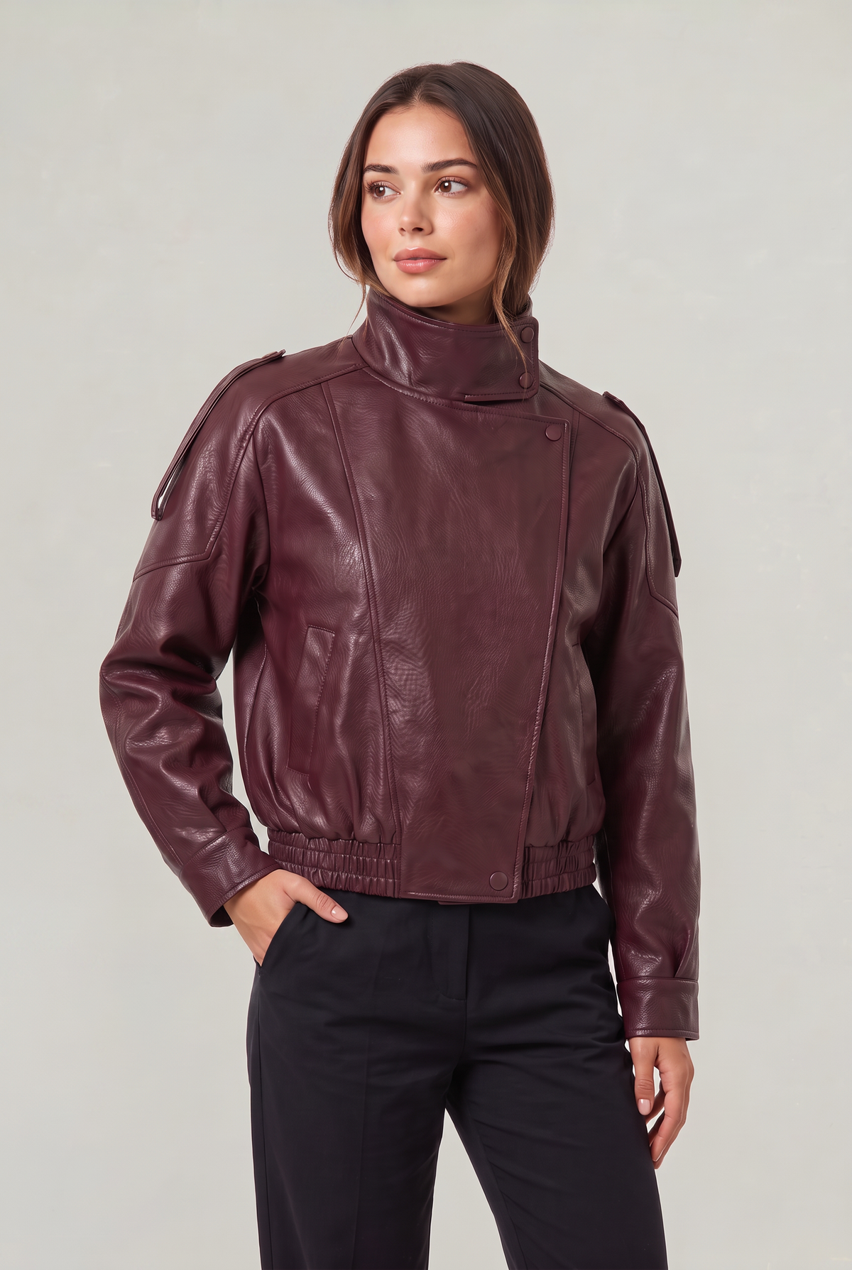 Women's Leather Look Biker Jacket - Oversized Faux Leather Zip Up