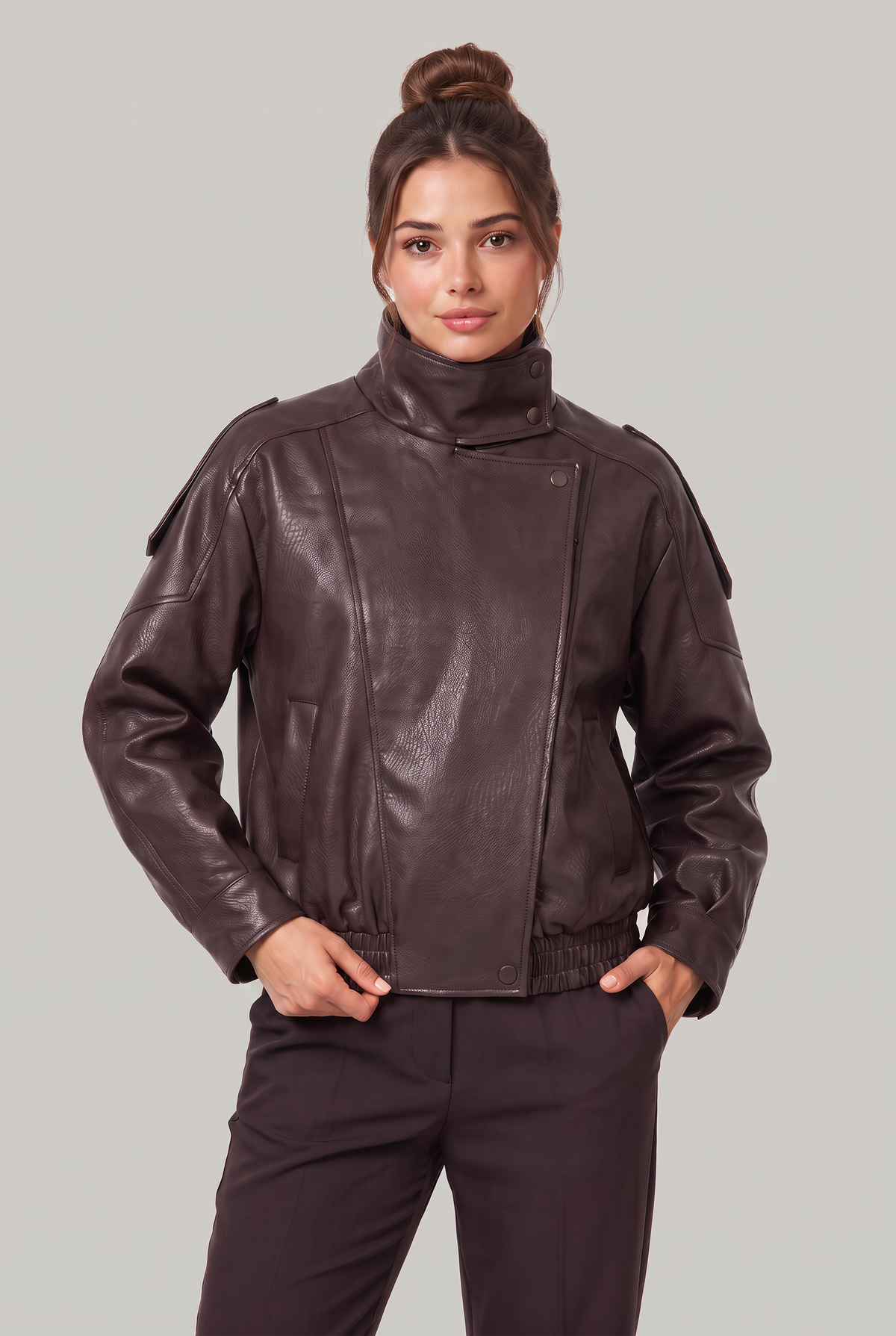 Women's Leather Look Biker Jacket - Oversized Faux Leather Zip Up