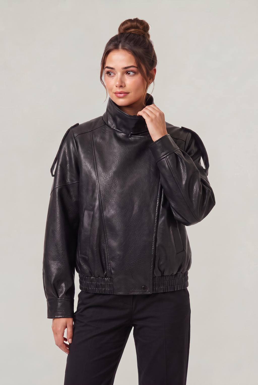Women's Leather Look Biker Jacket - Oversized Faux Leather Zip Up