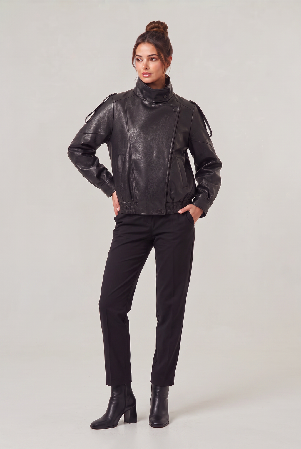 Women's Leather Look Biker Jacket - Oversized Faux Leather Zip Up