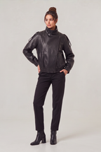 Women's Leather Look Biker Jacket - Oversized Faux Leather Zip Up
