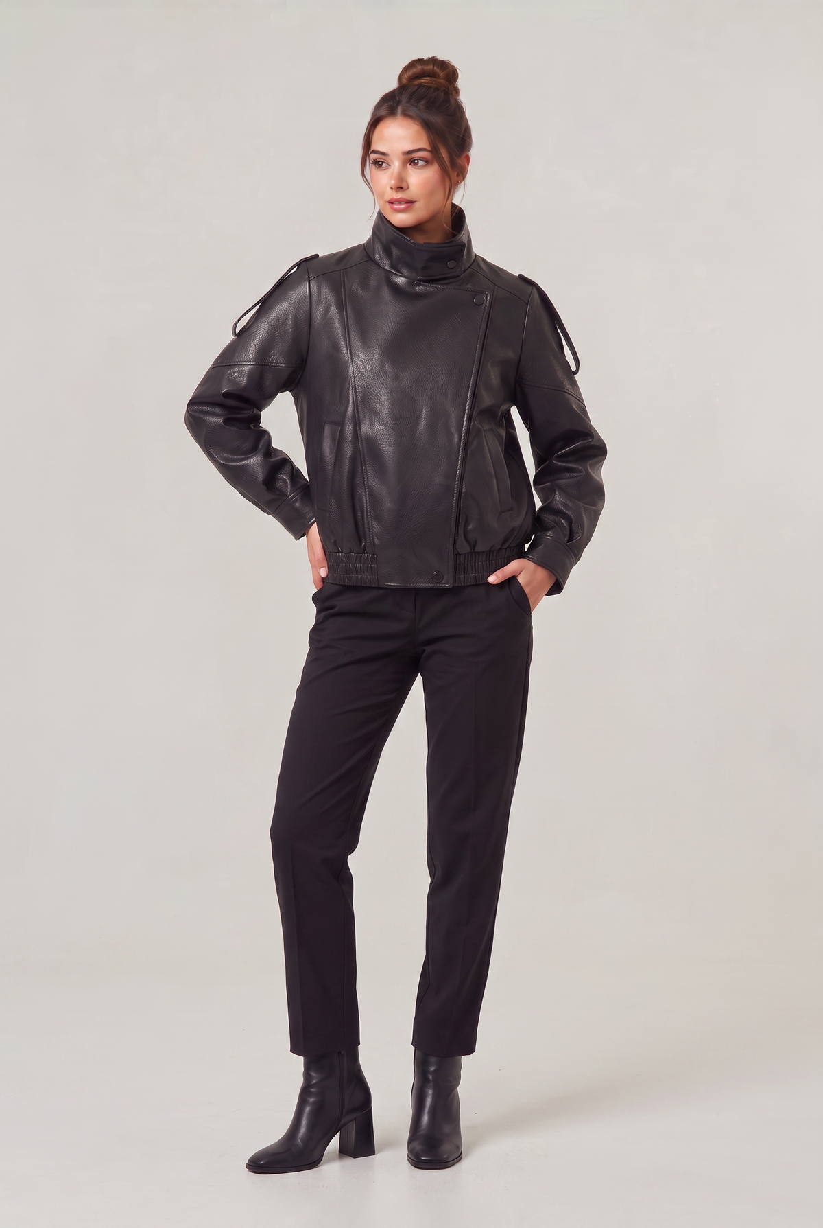 Women's Leather Look Biker Jacket - Oversized Faux Leather Zip Up