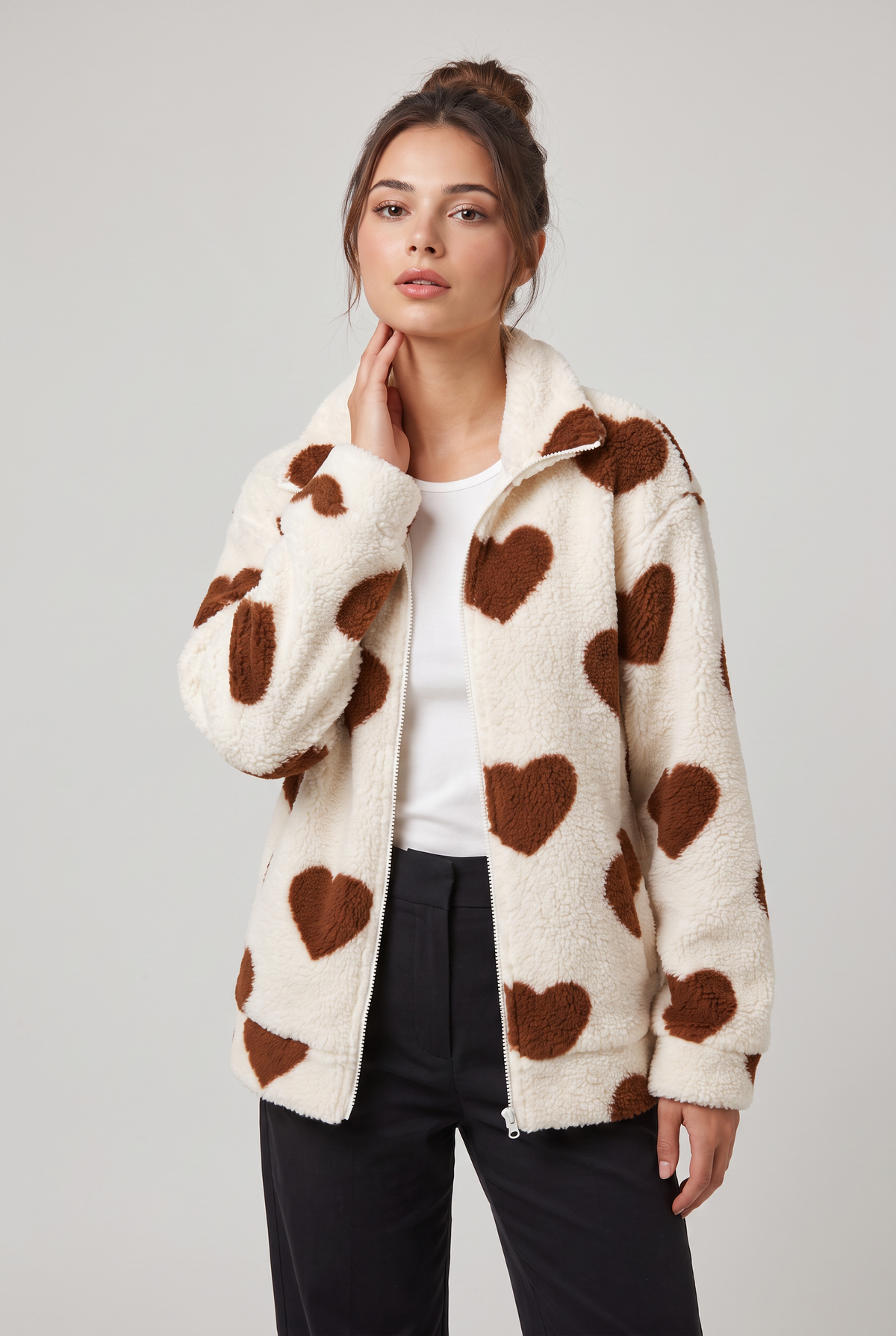 Women's Heart Print Teddy Jacket - Fleece Zip Up Coat