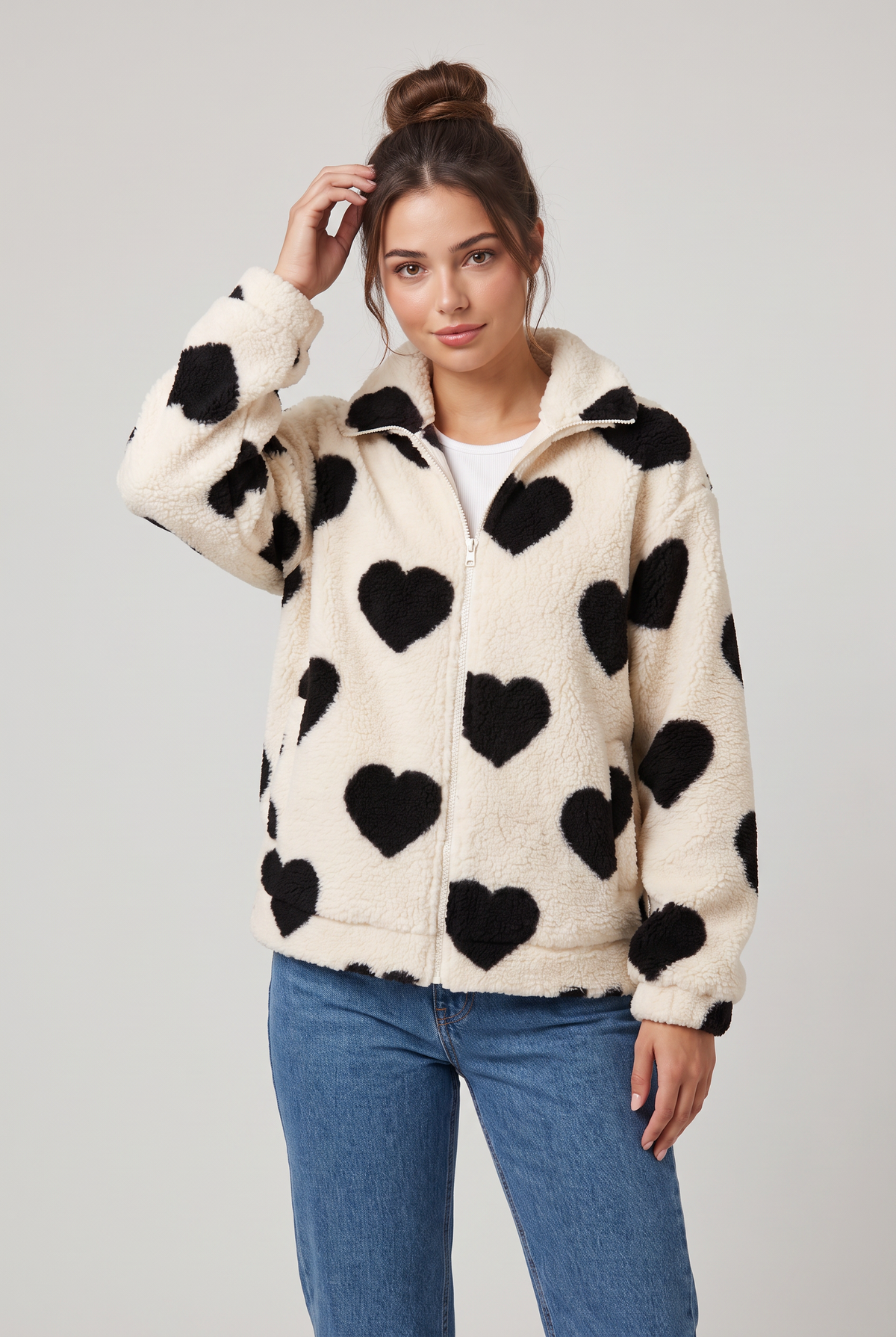 Women's Heart Print Teddy Jacket - Fleece Zip Up Coat