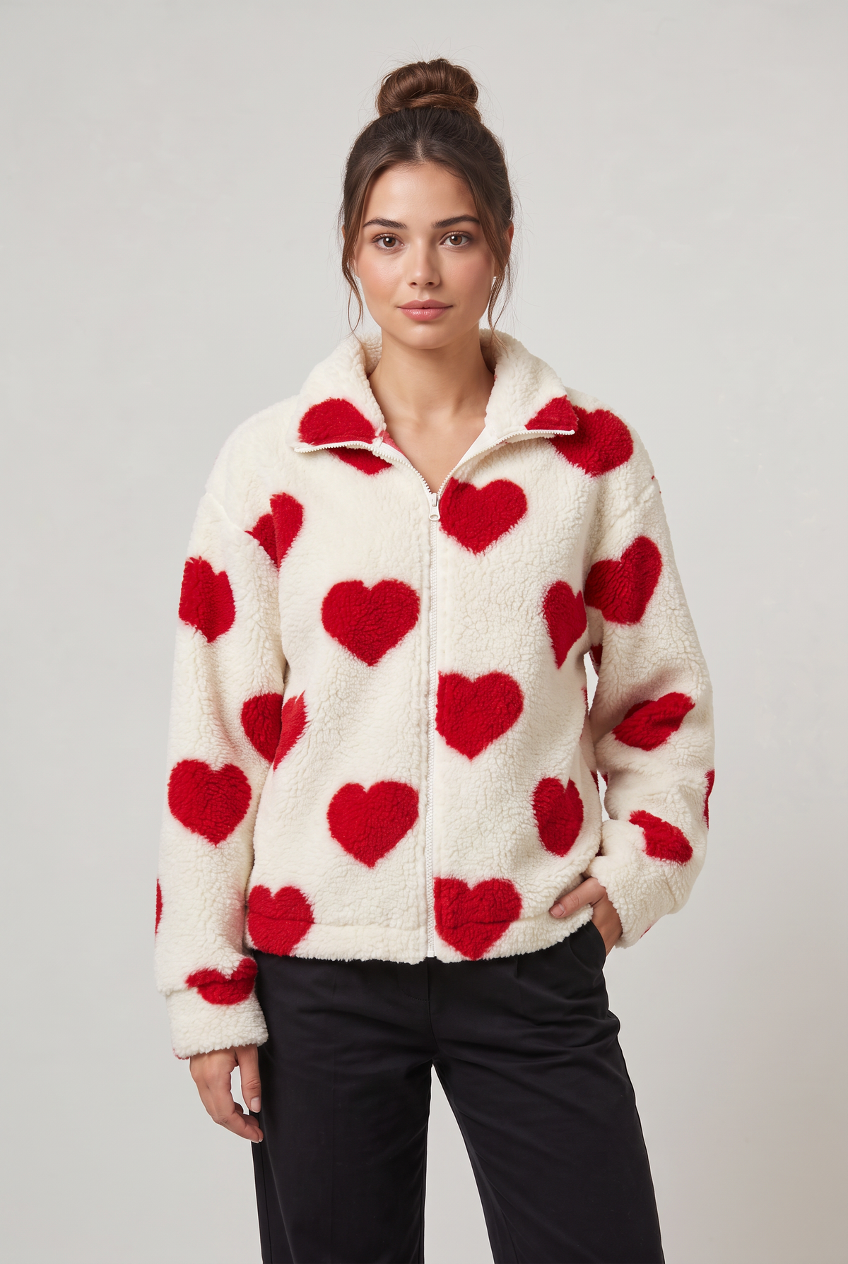 Women's Heart Print Teddy Jacket - Fleece Zip Up Coat