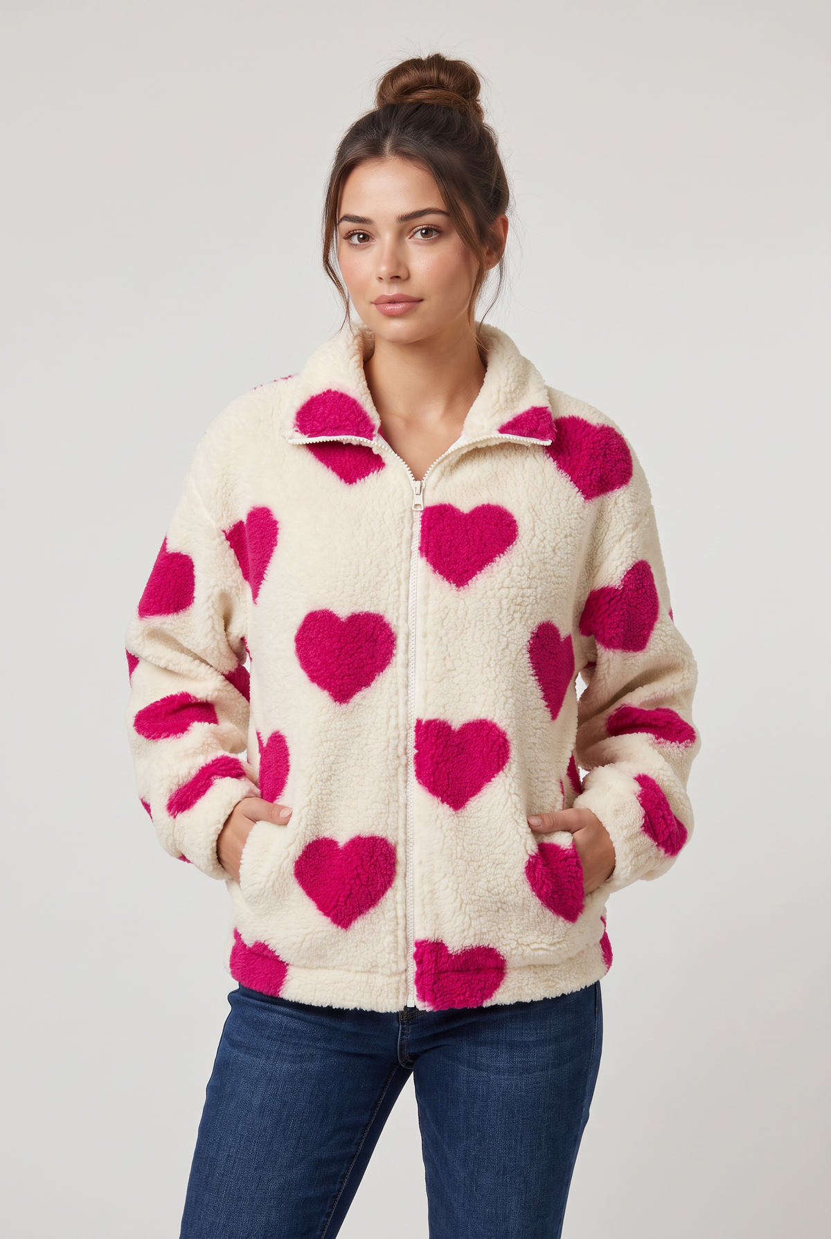 Women's Heart Print Teddy Jacket - Fleece Zip Up Coat