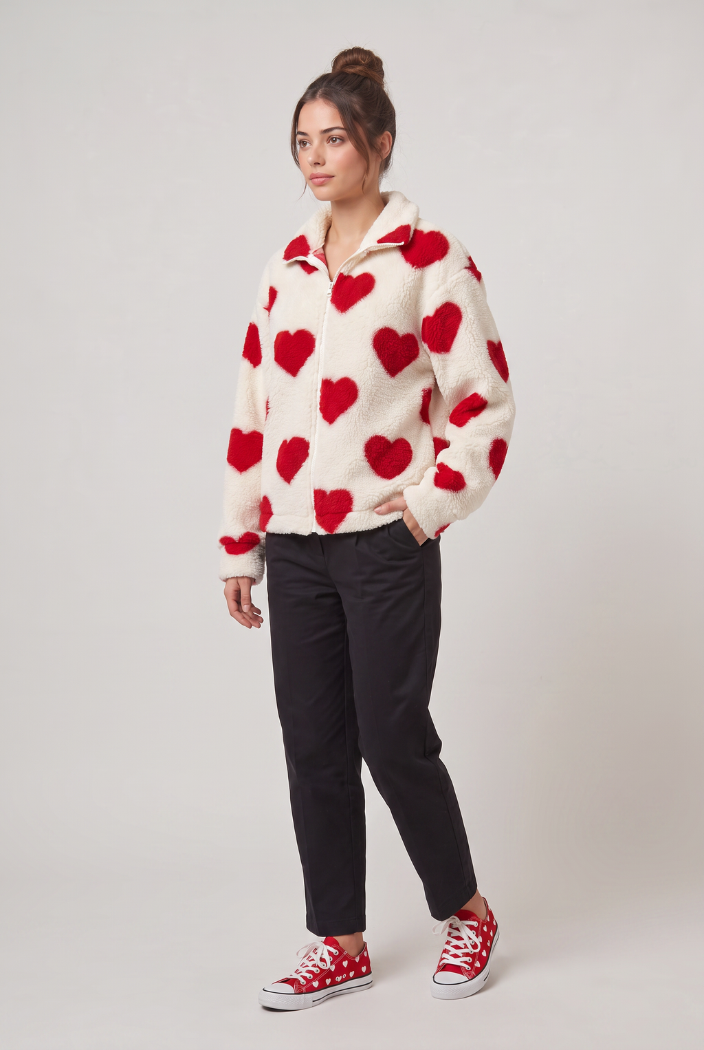 Women's Heart Print Teddy Jacket - Fleece Zip Up Coat