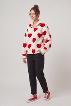 Women's Heart Print Teddy Jacket - Fleece Zip Up Coat