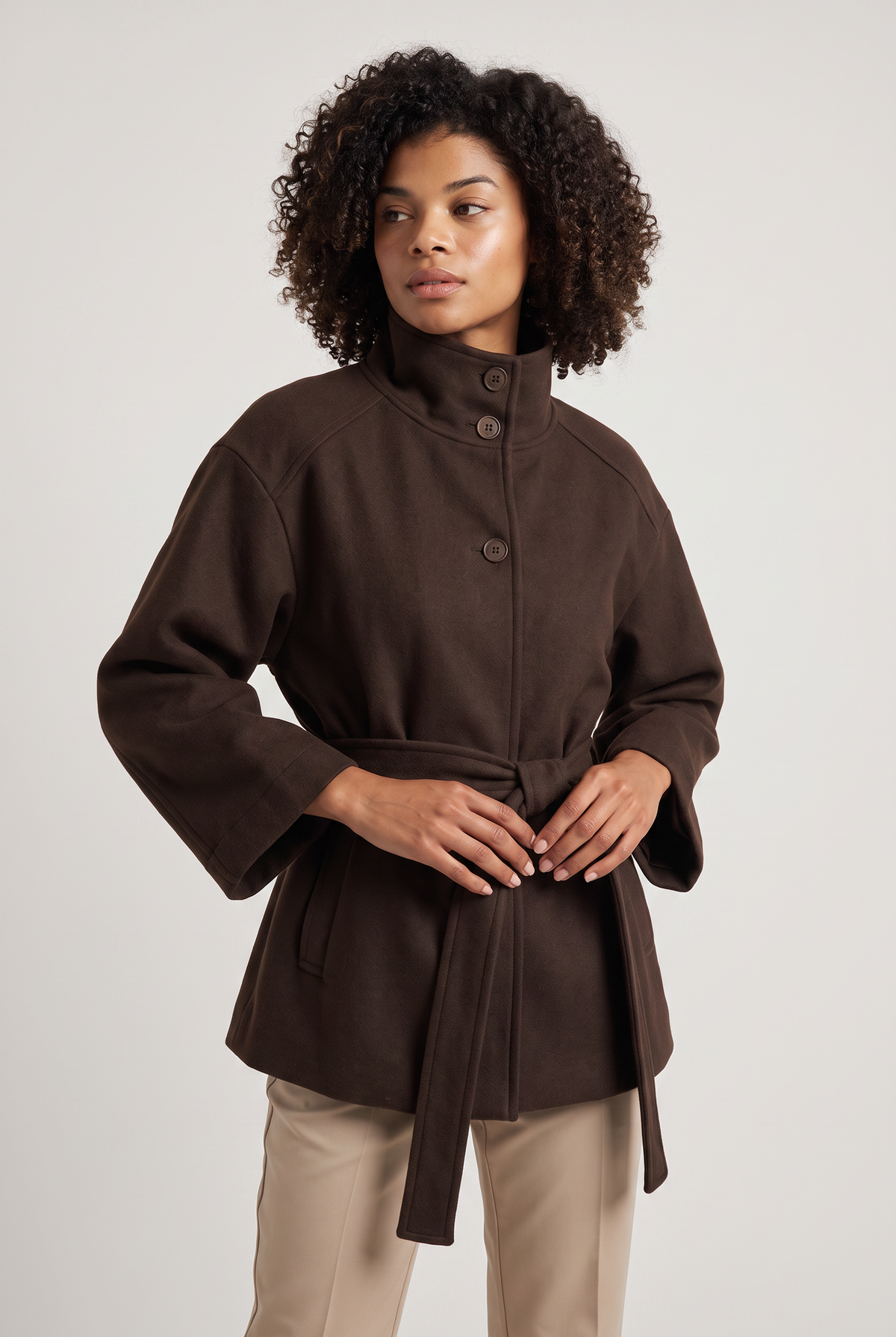 Women's Button Front Cape Coat - Stand Collar Belted Wrap Batwing Sleeve Autumn