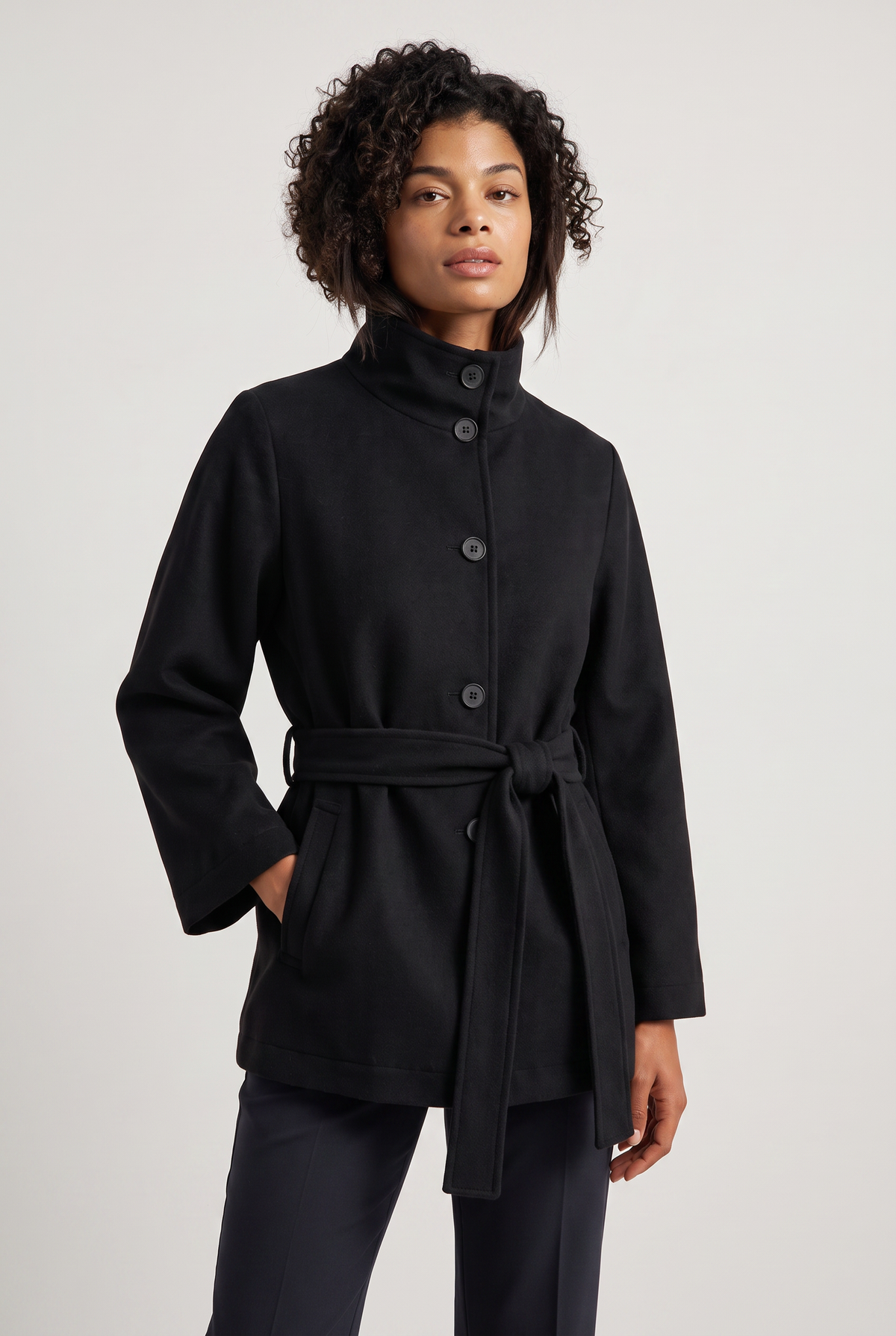 Women's Button Front Cape Coat - Stand Collar Belted Wrap Batwing Sleeve Autumn