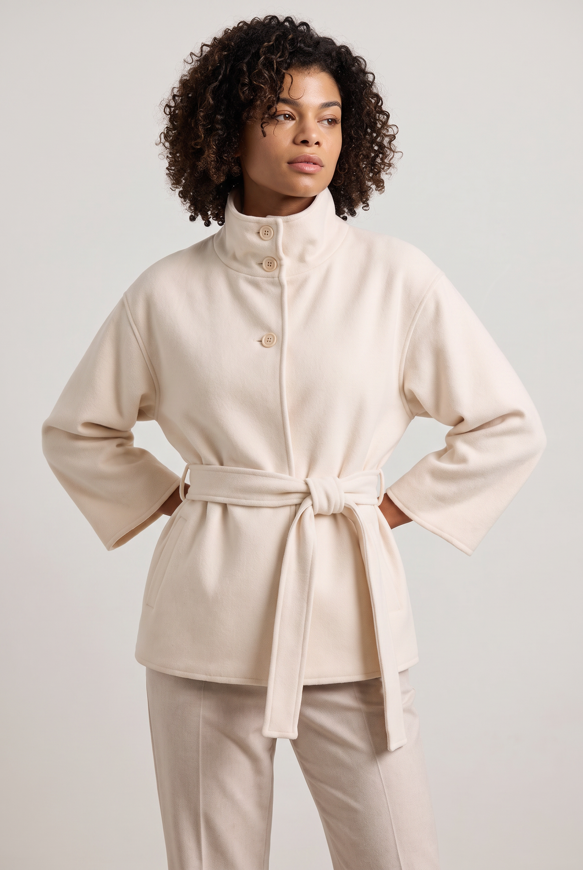 Women's Button Front Cape Coat - Stand Collar Belted Wrap Batwing Sleeve Autumn