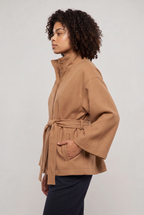 Women's Button Front Cape Coat - Stand Collar Belted Wrap Batwing Sleeve Autumn