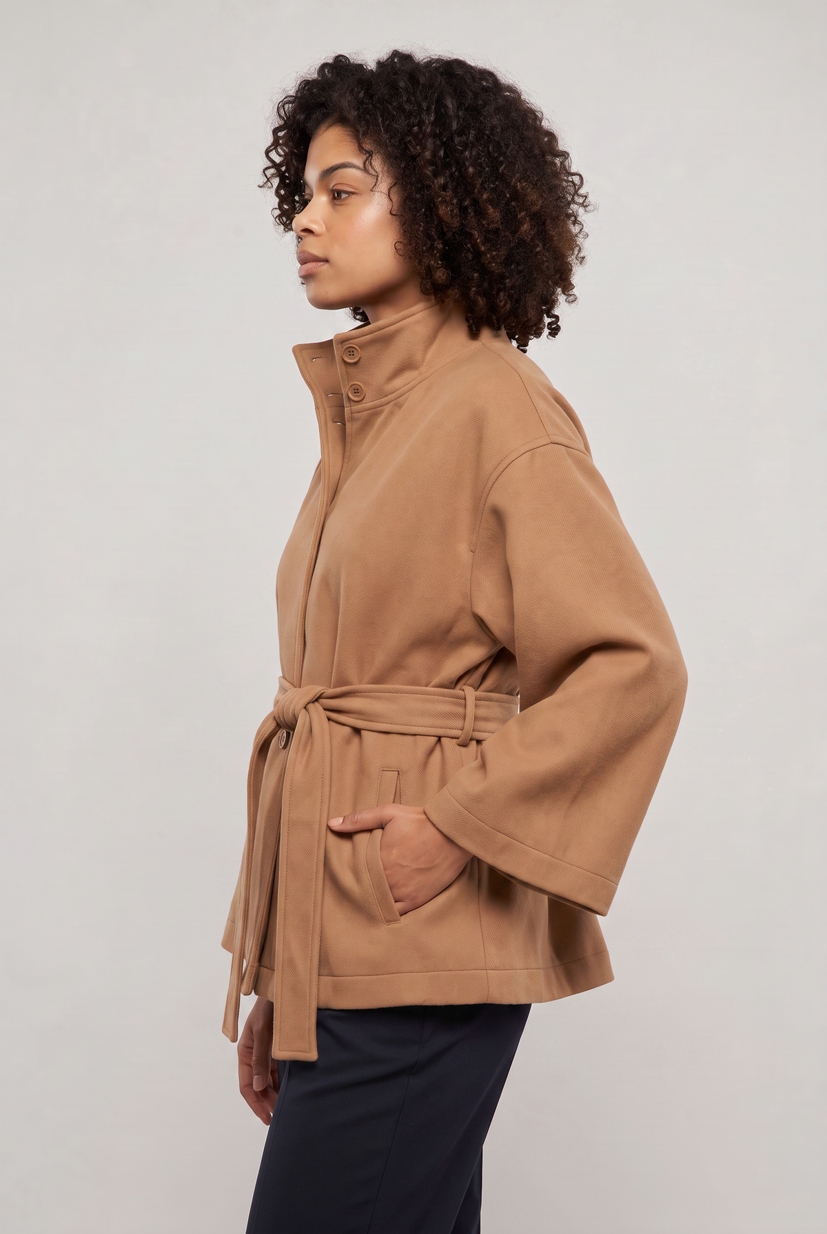 Women's Button Front Cape Coat - Stand Collar Belted Wrap Batwing Sleeve Autumn
