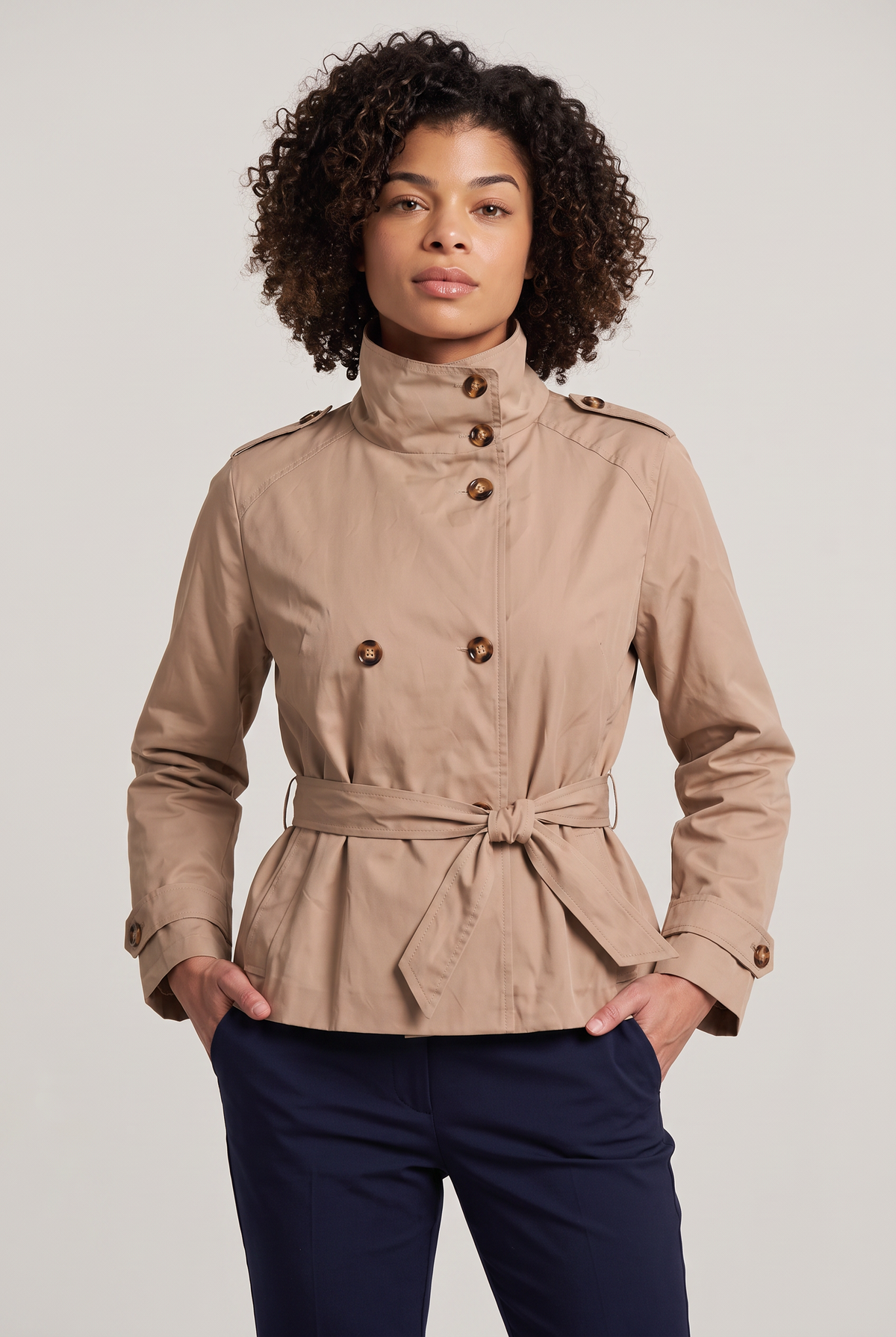 Women's Buttoned Cropped Trench Coat - Double Breasted Belted Stand Collar Jacket Smart Casual