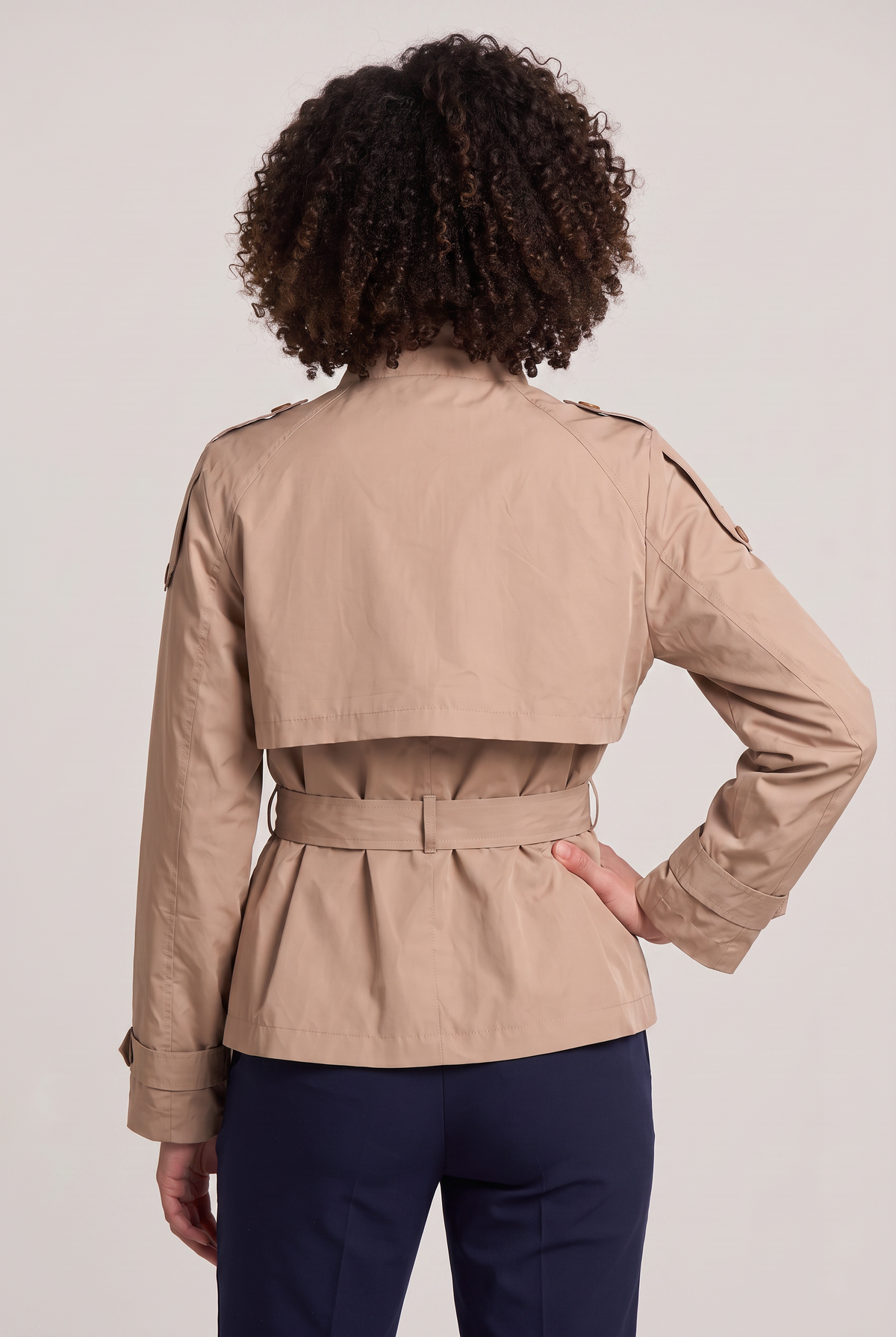 Women's Buttoned Cropped Trench Coat - Double Breasted Belted Stand Collar Jacket Smart Casual