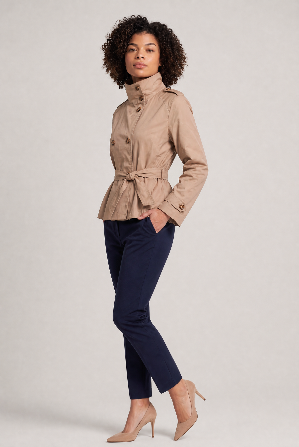 Women's Buttoned Cropped Trench Coat - Double Breasted Belted Stand Collar Jacket Smart Casual
