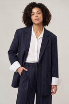 Women Oversized Pinstripe Blazer Single Breasted Loose Fit Navy