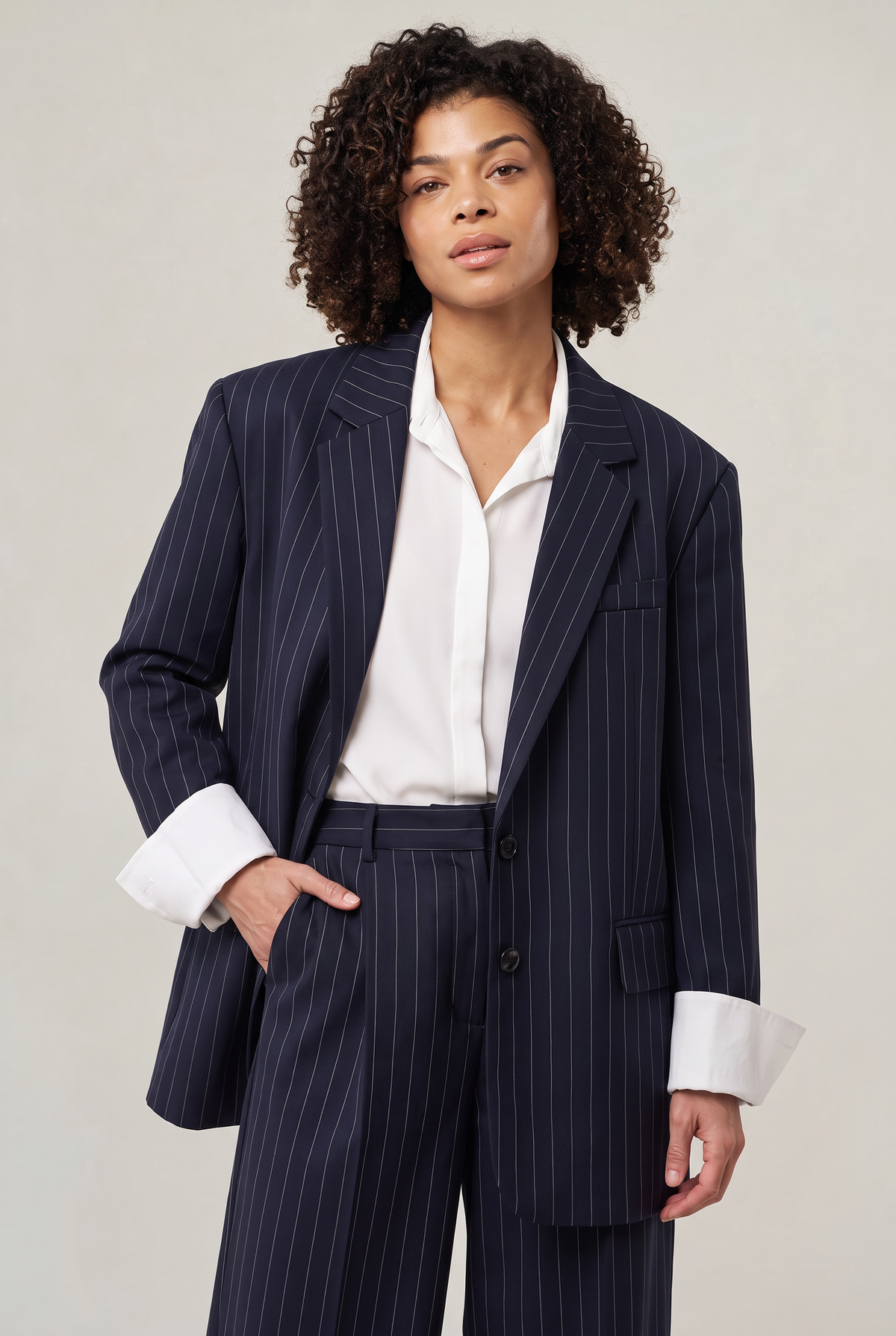 Women Oversized Pinstripe Blazer Single Breasted Loose Fit Navy