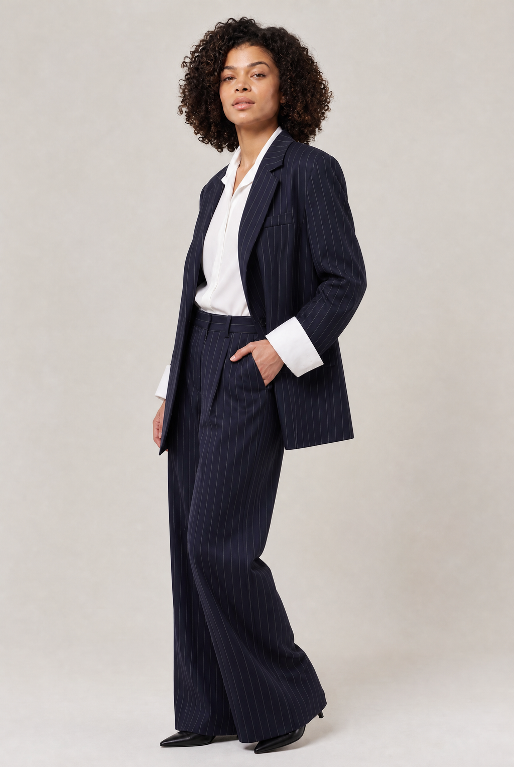 Women Oversized Pinstripe Blazer Single Breasted Loose Fit Navy