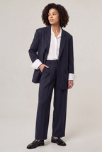 Women Oversized Pinstripe Blazer Single Breasted Loose Fit Navy