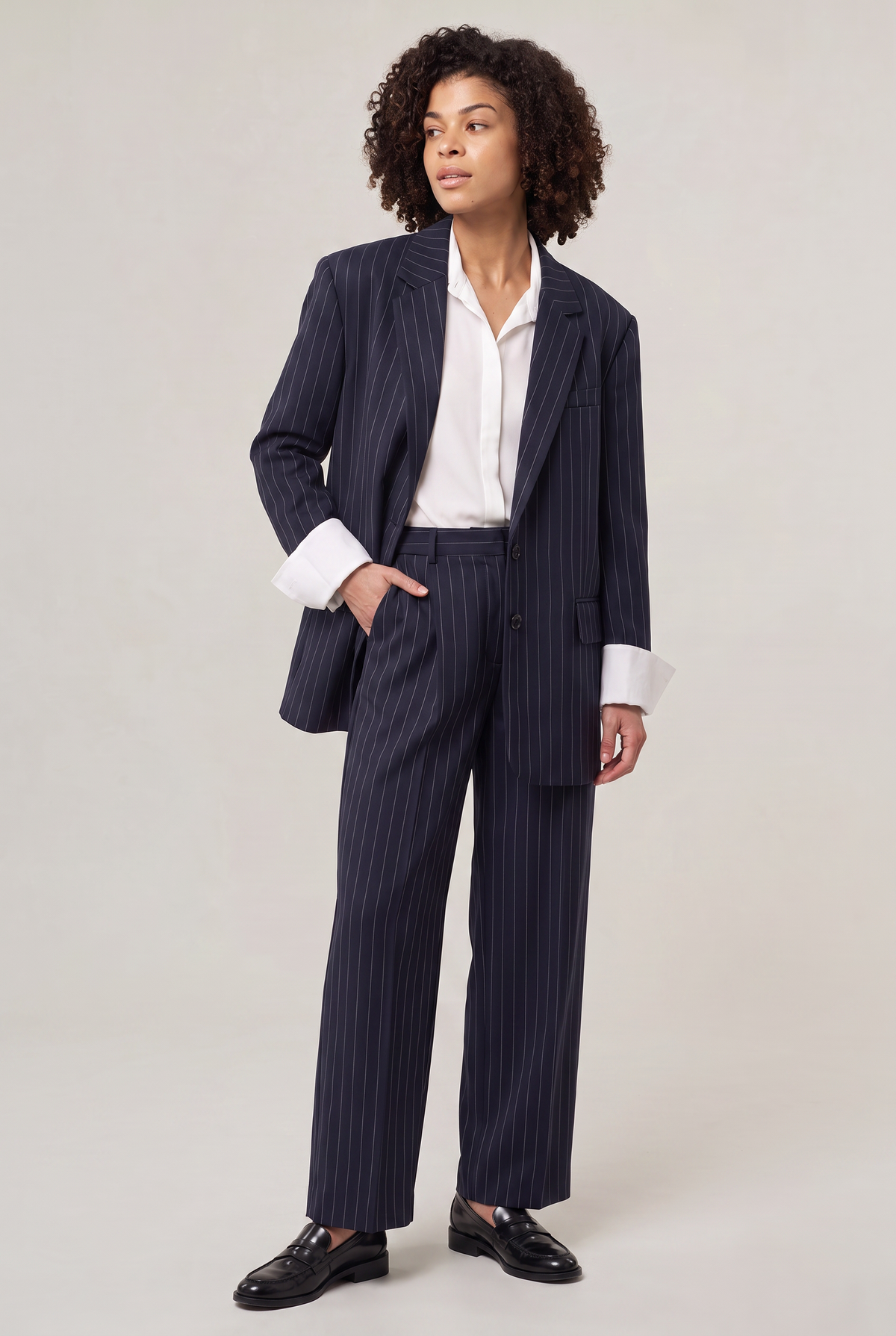 Women Oversized Pinstripe Blazer Single Breasted Loose Fit Navy