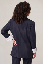 Women Oversized Pinstripe Blazer Single Breasted Loose Fit Navy