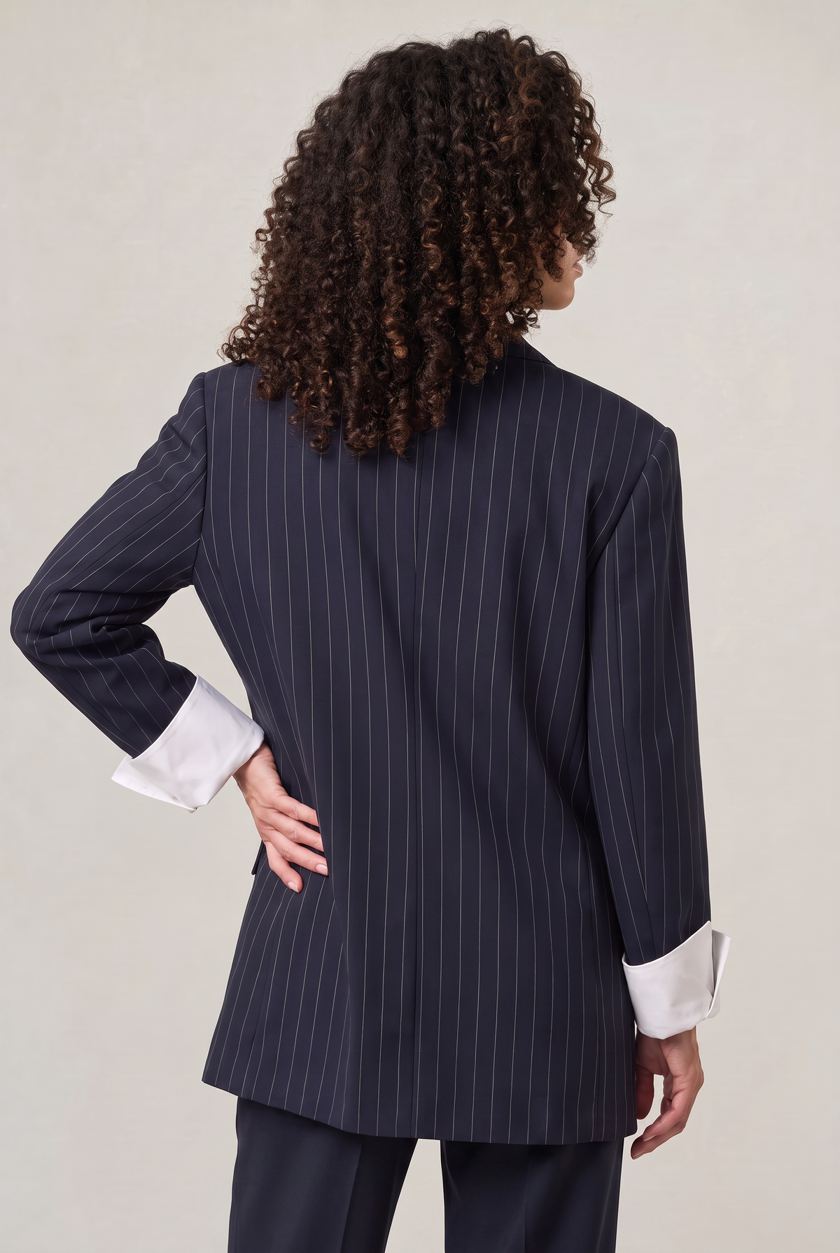 Women Oversized Pinstripe Blazer Single Breasted Loose Fit Navy