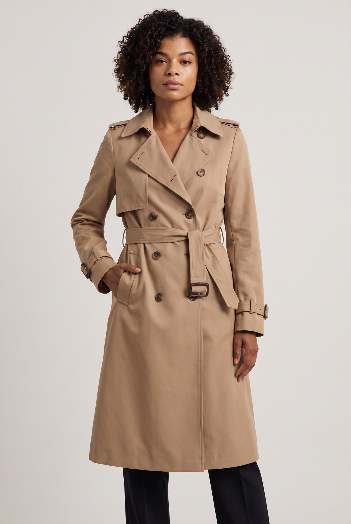 Women's Trench Coat - Double Breasted Belted Longline Classic Lapel Smart Casual Jacket