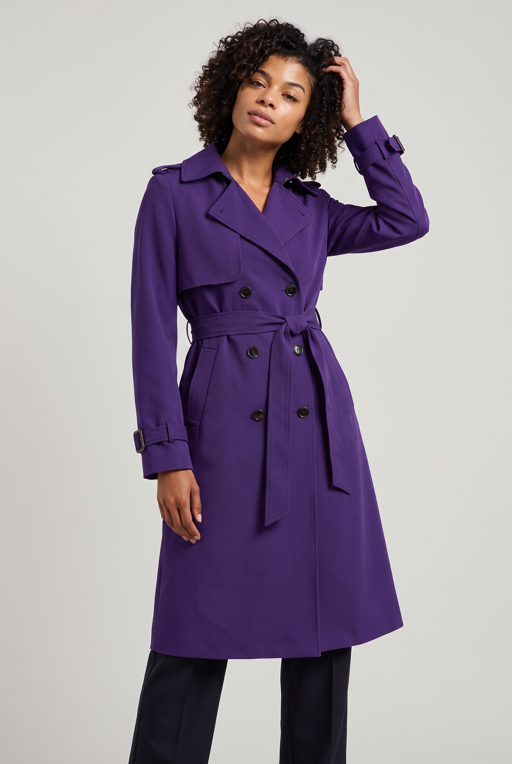 Women's Trench Coat - Double Breasted Belted Longline Classic Lapel Smart Casual Jacket