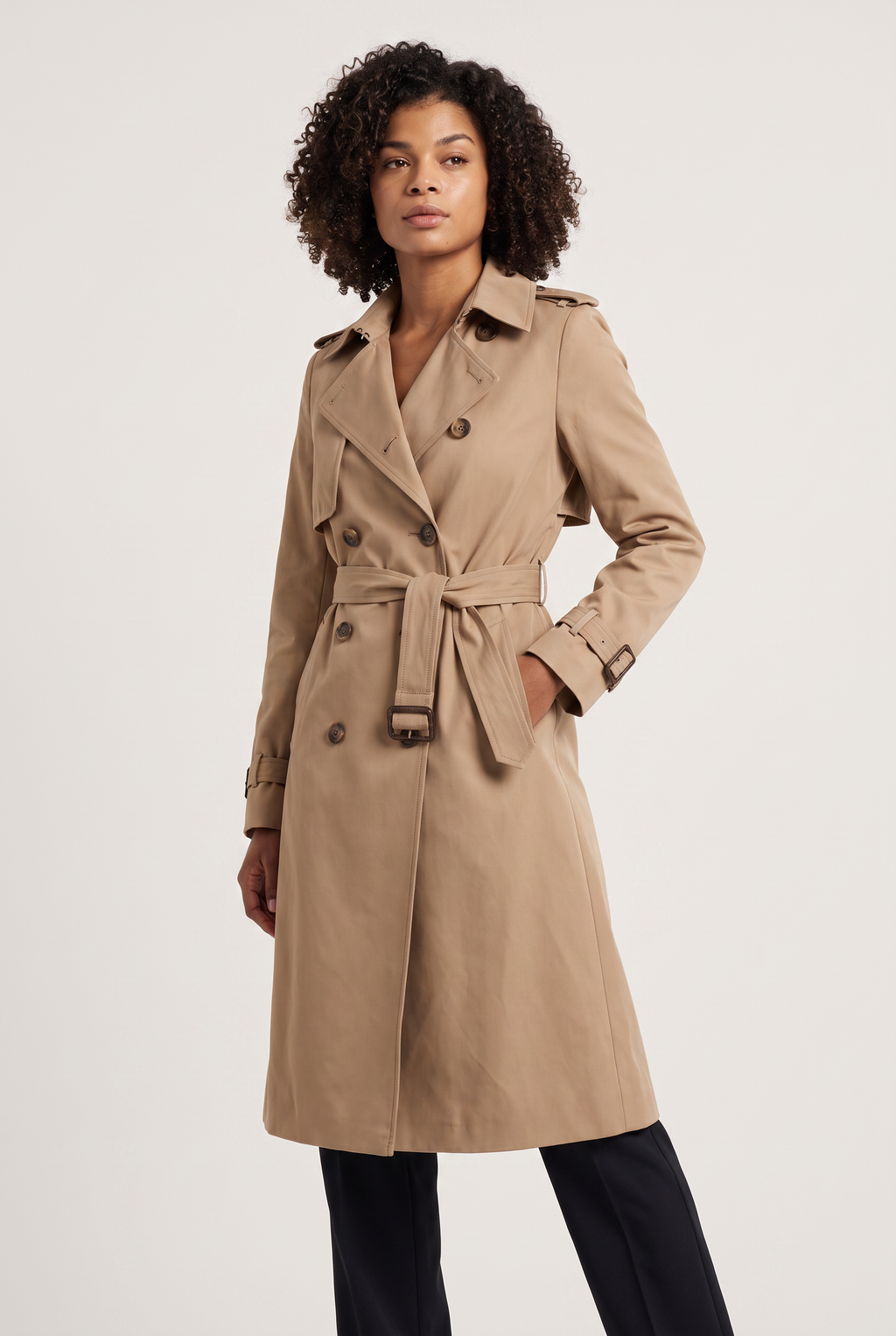 Women's Trench Coat - Double Breasted Belted Longline Classic Lapel Smart Casual Jacket