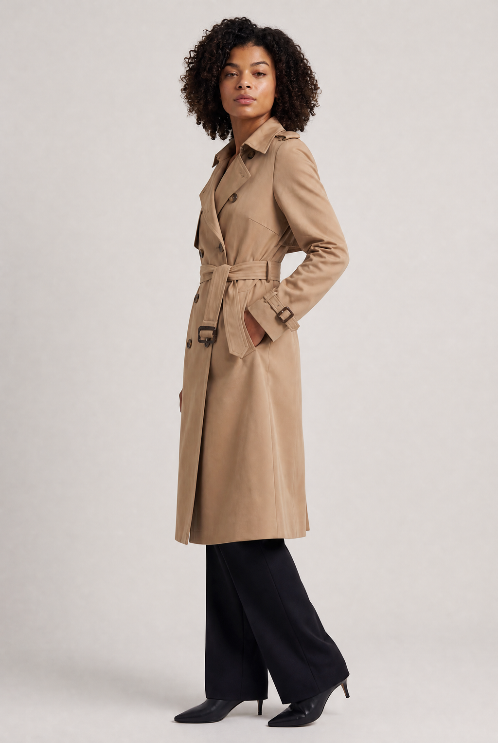Women's Trench Coat - Double Breasted Belted Longline Classic Lapel Smart Casual Jacket
