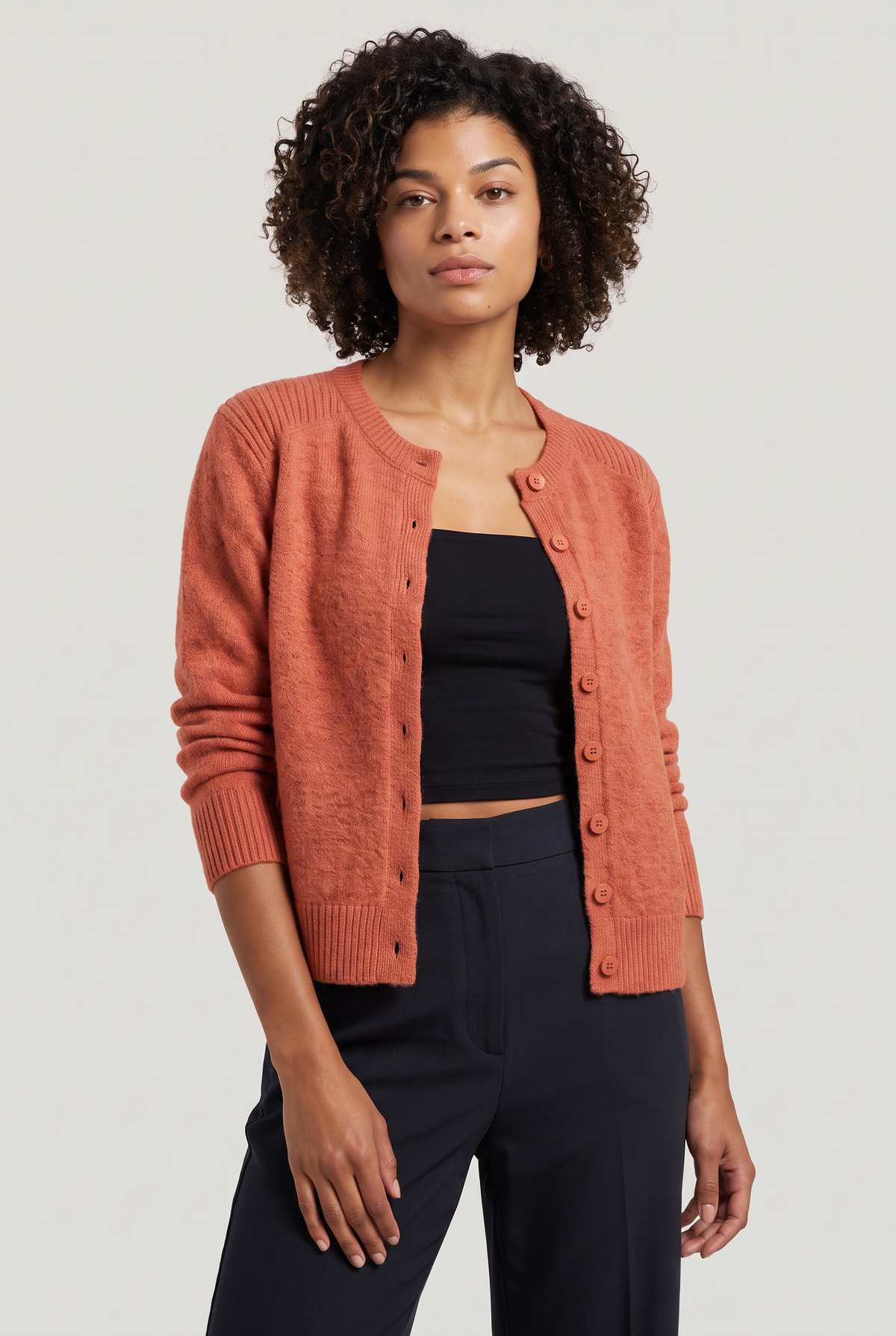 Women's Cropped Cardigan - Buttoned Round Neck Knit Jumper Long Sleeve Smart Casual
