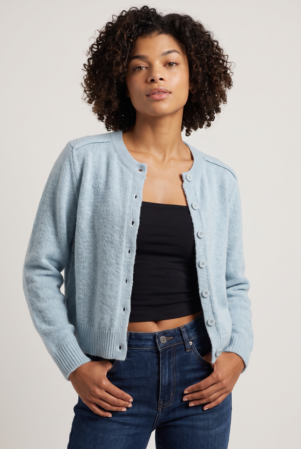Women's Cropped Cardigan - Buttoned Round Neck Knit Jumper Long Sleeve Smart Casual