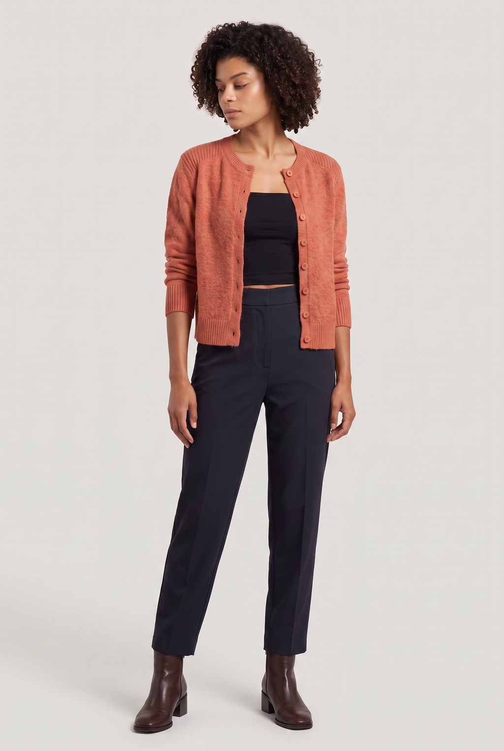 Women's Cropped Cardigan - Buttoned Round Neck Knit Jumper Long Sleeve Smart Casual