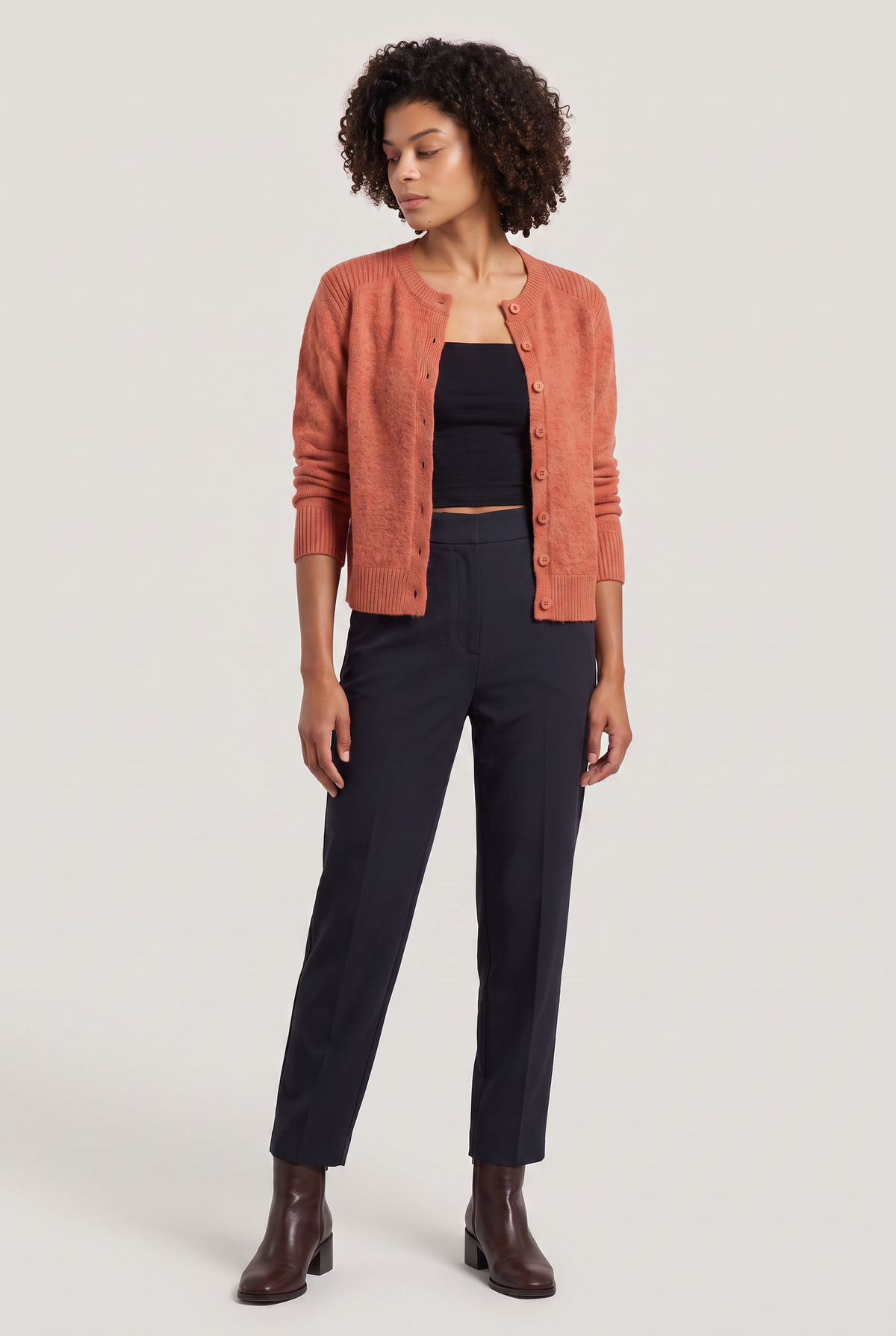 Women's Cropped Cardigan - Buttoned Round Neck Knit Jumper Long Sleeve Smart Casual